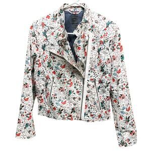 Gap Biker Style Cotton Blend Cropped Jacket White Floral Multicolor Size M